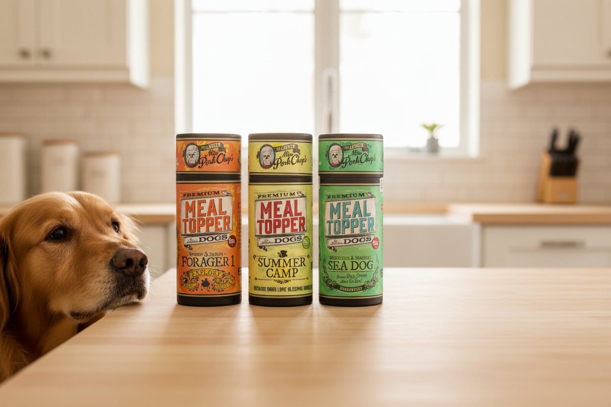 Miss Pork Chop's products left-aligned with space for copy
