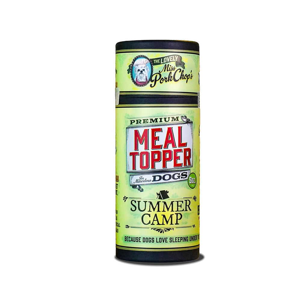 Can of Summer Camp Meal Topper for marvelous dogs for dogs with a colorful label on a white background